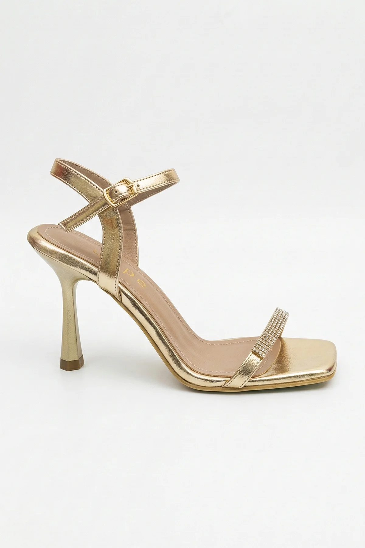 Tilda Gold Taşlı İnce Bantlı Kadeh Topuklu Abiye Sandalet - ALTIN FOLYO