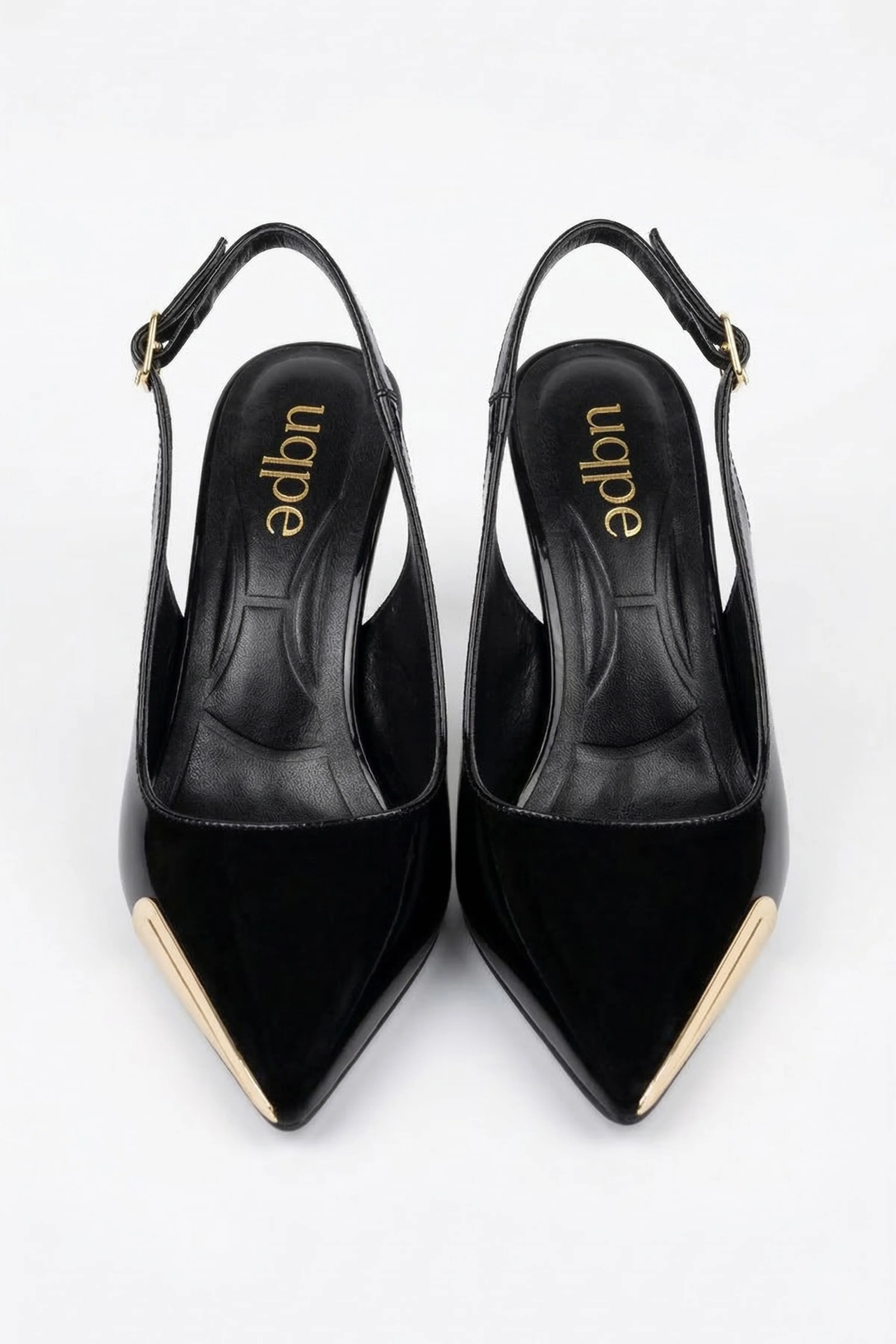 Kina Gold Burun Detaylı Parlak Arkası Açık İnce Topuklu Ayakkabı