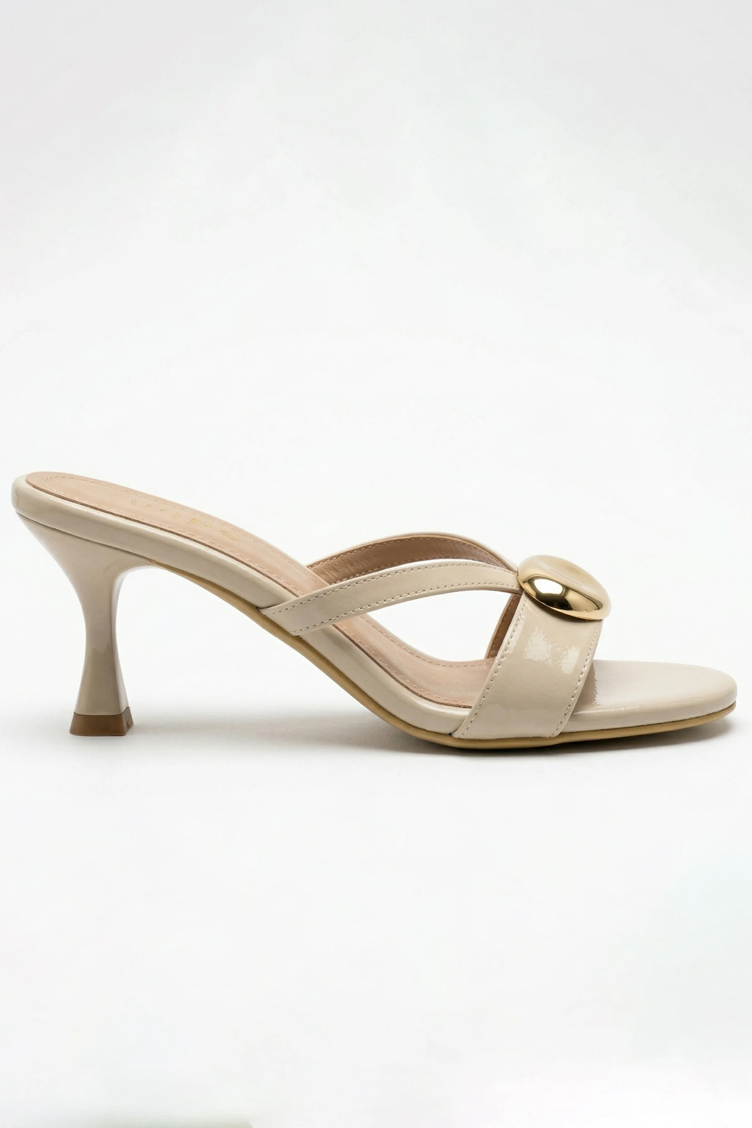 Raven Büyük Gold Aksesuarlı Çapraz Bantlı Kadeh Topuklu Terlik - EKRU KIRIŞIK