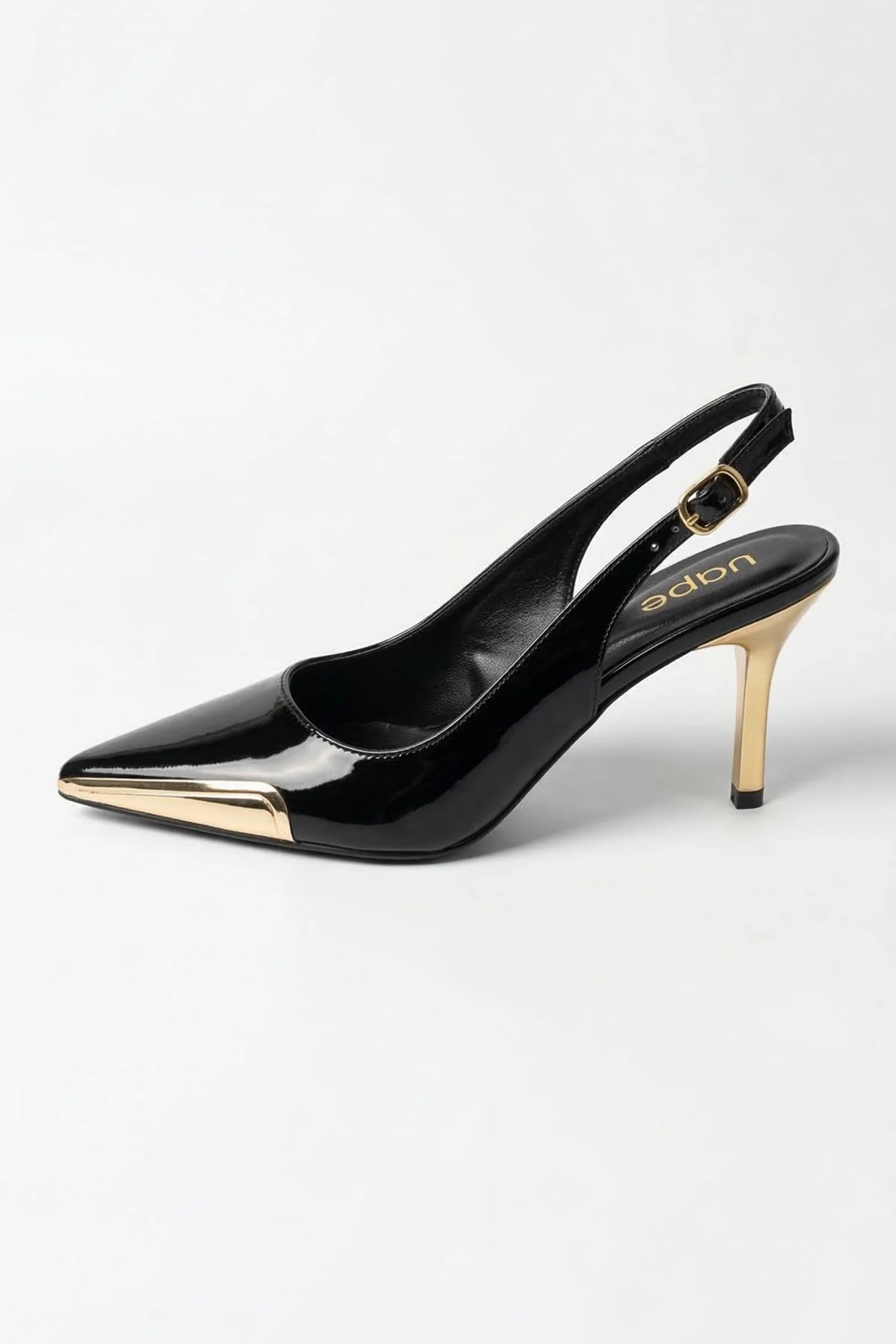 Kina Gold Burun Detaylı Parlak Arkası Açık İnce Topuklu Ayakkabı - SİYAH
